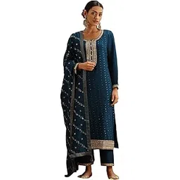 libas Women's Embroidered Silk Blend Straight Kurta Trouser With Dupatta Set-picture-27