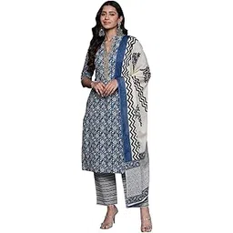 libas Womens Printed Cotton Straight Kurta With Trousers and Dupatta-picture-35