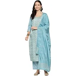 libas Women's Woven Design Silk Blend Straight Kurta Trouser With Dupatta Set-picture-32