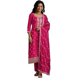 libas Womens Woven Design Silk Blend Straight Kurta With Palazzos and Dupatta-picture-16