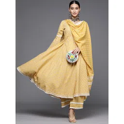 Libas Womens Yellow Printed Cotton Anarkali Kurta With Palazzos & Dupatta-picture-30
