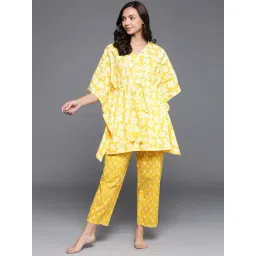 Libas Yellow Cotton Printed Kaftan & Pyjama Set-picture-27