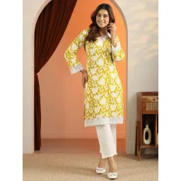 Libas Yellow Cotton Straight Fit Floral Print Kurta image 1