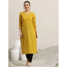 Libas Yellow Cotton Straight Fit Floral Print Kurtas-picture-28