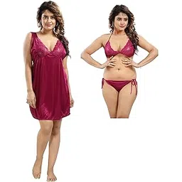 life-tale Women's Satin 3 Pc Baby Doll Lingerie Set-picture-36