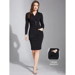 Life With Pockets Black Collared Neck Full Sleeve Polyester Bodycon Knee Length Dress-picture-44