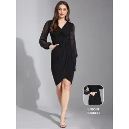 Life With Pockets Black V Neck Bishop Sleeves Front Pocketed Polyester Wrap Knee-Length Dress-picture-20
