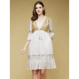 Life With Pockets Off-White Viscose Rayon Embroidered Jacket Panelled Midi Dress-picture-36
