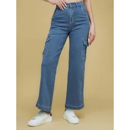 Life With Pockets Women's Blue Wide leg High rise Clean look Regular Stretchable Denim Jeans-picture-17
