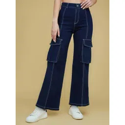 Life With Pockets Women's Navy Blue Wide leg High rise Clean look Regular Stretchable Denim Jeans-picture-39