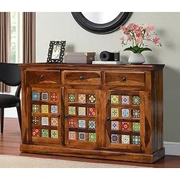 LIFE WOOD Solid Sheesham Wood Tiles Design Sideboard Tv Cabinet for Living Room | Free Standing Movable Tv Unit Side Board Table with 3 Drawer & 3 Door Cabinet Storage for Home | Teak Finish-image-20