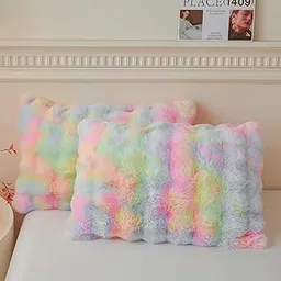 LIFEREVO 2 Pieces Fluffy Faux Rabbit Fur Pillow Cases, Luxury Soft Plush Shaggy Bubble Pillowcases Standard Size with Zipper, Furry Fuzzy Long Pillow Shams for Adult Girls Kids Teens 20x26, Rainbow-picture-13