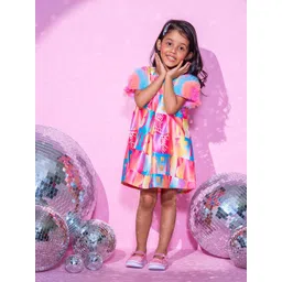 LIL DRAMA Girls Barbie Print Typography Print Ruffles Cotton A-Line Dress-picture-19
