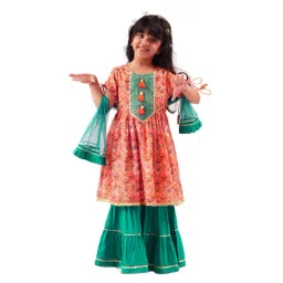 Lil Drama Kids Orange & Green Floral Print Kurta, Sharara With Dupatta-picture-14
