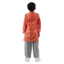 Lil Drama Kids Orange & Grey Floral Print Full Sleeves Kurta With Pyjamas image 2