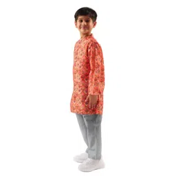 Lil Drama Kids Orange & Grey Floral Print Full Sleeves Kurta With Pyjamas image 3