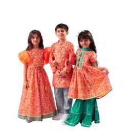 Lil Drama Kids Orange & Grey Floral Print Full Sleeves Kurta With Pyjamas image 4