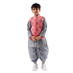 Lil Drama Kids Pink & Grey Floral Print Full Sleeves Kurta, Dhoti With Nehru Jacket-picture-35