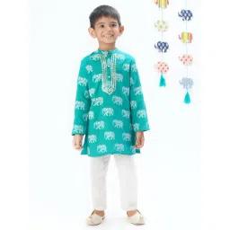 Lil Drama Kids Turquoise & White Printed Full Sleeves Kurta with Pants-picture-20