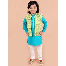 LIL PITAARA Boys Blue Embroidered Pure Cotton Kurta Trousers with Nehru jacket-picture-19