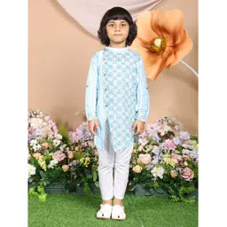 LIL PITAARA Pure Cotton Woven Full Sleeves Striped & Floral Printed Kurta Pyjama Set - Blue-picture-14