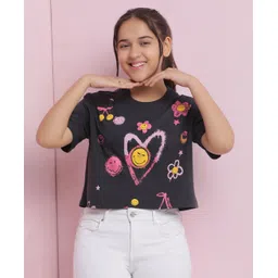 Lil Tomatoes Cotton Jersey Half Sleeves Heart Printed Crop Top - Charcoal-picture-18