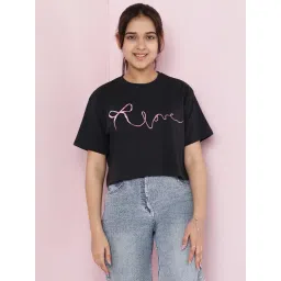 Lil Tomatoes Girls Charcoal Cotton Regular Fit Embroidered Crop Top-picture-34