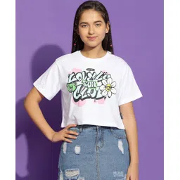 Lil Tomatoes Half Sleeves Floral & Text  Printed Cotton Jersey Crop Top - White-picture-10