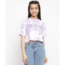 Lil Tomatoes Lil Tomatoes Half Sleeves Crumple Tie & Dye Hawaii Vibes Flower Embroidered Top - Purple-picture-10