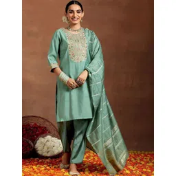 Lilots Women Ethnic Motifs Embroidered Regular Thread Work Chanderi Silk Kurta with Patiala & With Dupatta-picture-29