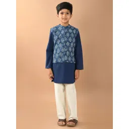 LilPicks Kids Blue & White Printed Full Sleeves Kurta, Pyjamas With Nehru Jacket-picture-11