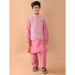 LilPicks Kids Light Pink Embroidered Full Sleeves Kurta, Pyjamas With Nehru Jacket-picture-45