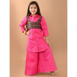 LilPicks Kids Pink Embroidered Shirt Kurta, Plazzos With Jacket-picture-19
