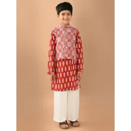 LilPicks Kids Red & White Printed Full Sleeves Kurta, Pyjamas With Nehru Jacket-picture-19