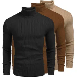 lime Men Solid Turtle Neck Black, Beige, Brown Sweater-picture-14