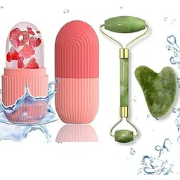 LIMESHOT Face Stone Jade Roller Massager With Gua Sha Stone And Ice Roller Set Facial Roller 100% Natural Stone Jade Roller For Skin Eye Neck Body Ice Cube Roller Women Men Beauty Silicone Reusable-image-12