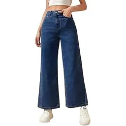 linaria Women's Wide Leg Jeans, Mid Waist, Dark Blue Denim, Loose Fit-picture-24