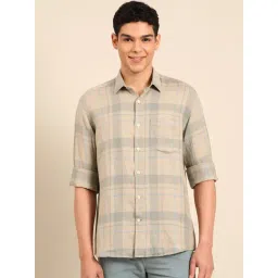 Linen Club Beige Linen Slim Fit Checks Shirt-picture-13