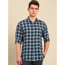 Linen Club Men Contemporary Slim Fit Opaque Checked Casual Shirt-picture-21