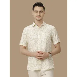 Linen Club Off White Linen Contemporary Fit Printed Shirt-picture-45