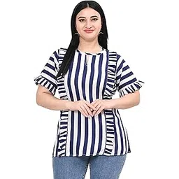 lingra Women's Crepe Short Sleeves Regular Fit Printed Summer Casual Blue Tunic Top-picture-32