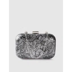 Lino Perros Black & Silver-Toned Printed Box Clutch with Detachable Sling Strap-picture-20