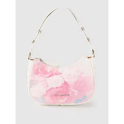Lino Perros Women Off-White & Pink Floral Printed Croc Textured Structured Baguette Bag-picture-22