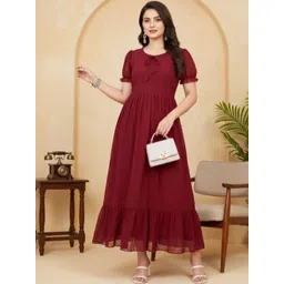 LIPS CROWN Puff Sleeve Georgette A-Line Maxi Dress-picture-18