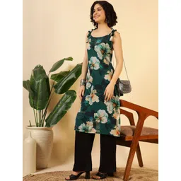 LIPS CROWN Women Floral Printed Shoulder Straps Sleeveless Straight Kurti-picture-14
