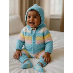 Little Angels Baby Boys Striped V-Neck Woollen Cardigan Sweaters with Pant,Cap & Socks Set-picture-3