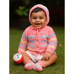 Little Angels Baby Girls Striped Woollen Cardigan Sweaters With Cap and Socks Set-picture-39