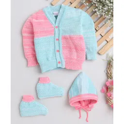 Little Angels Wollen Woven Full Sleeves Colour Blocked Cardigan With Cap & Socks Set - Green & Neon Pink-picture-10