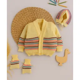 Little Angels Wollen Woven Full Sleeves Striped Cardigan With Cap & Socks Set - Yellow-picture-11