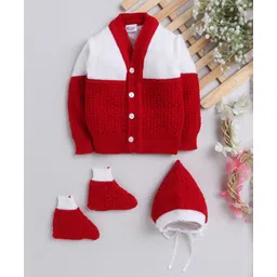 Little Angels Woollen Knit Full Sleeves Colour Blocked Sweater With Cap & Booties - Red-picture-11